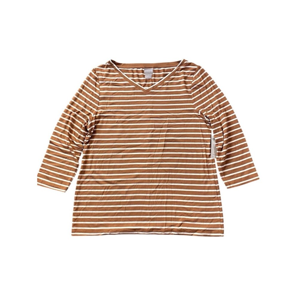 Chicos v Neck 3/4 sleeve Basic Stripe Top Brown White Size 1